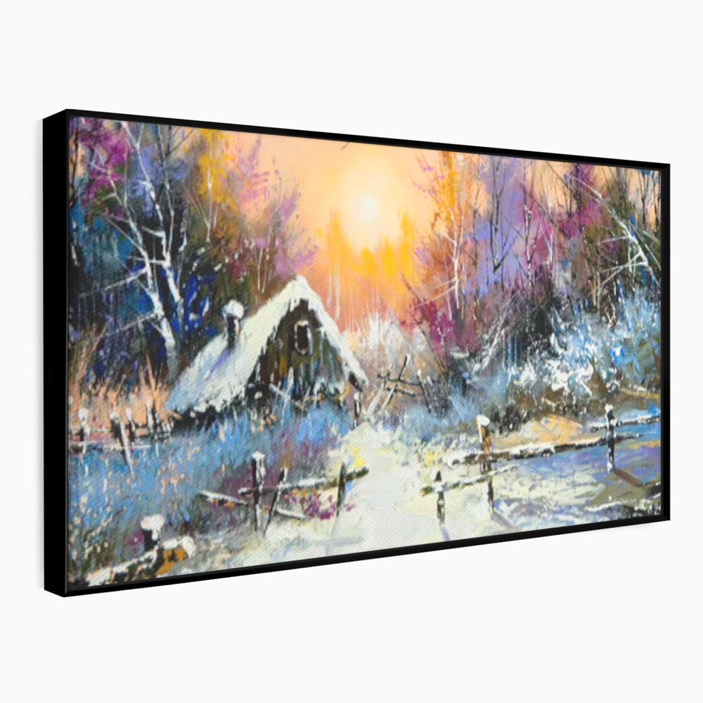 Tablou canvas cu tablou canvas cu peisaj de iarna, in rama de aluminiu negru